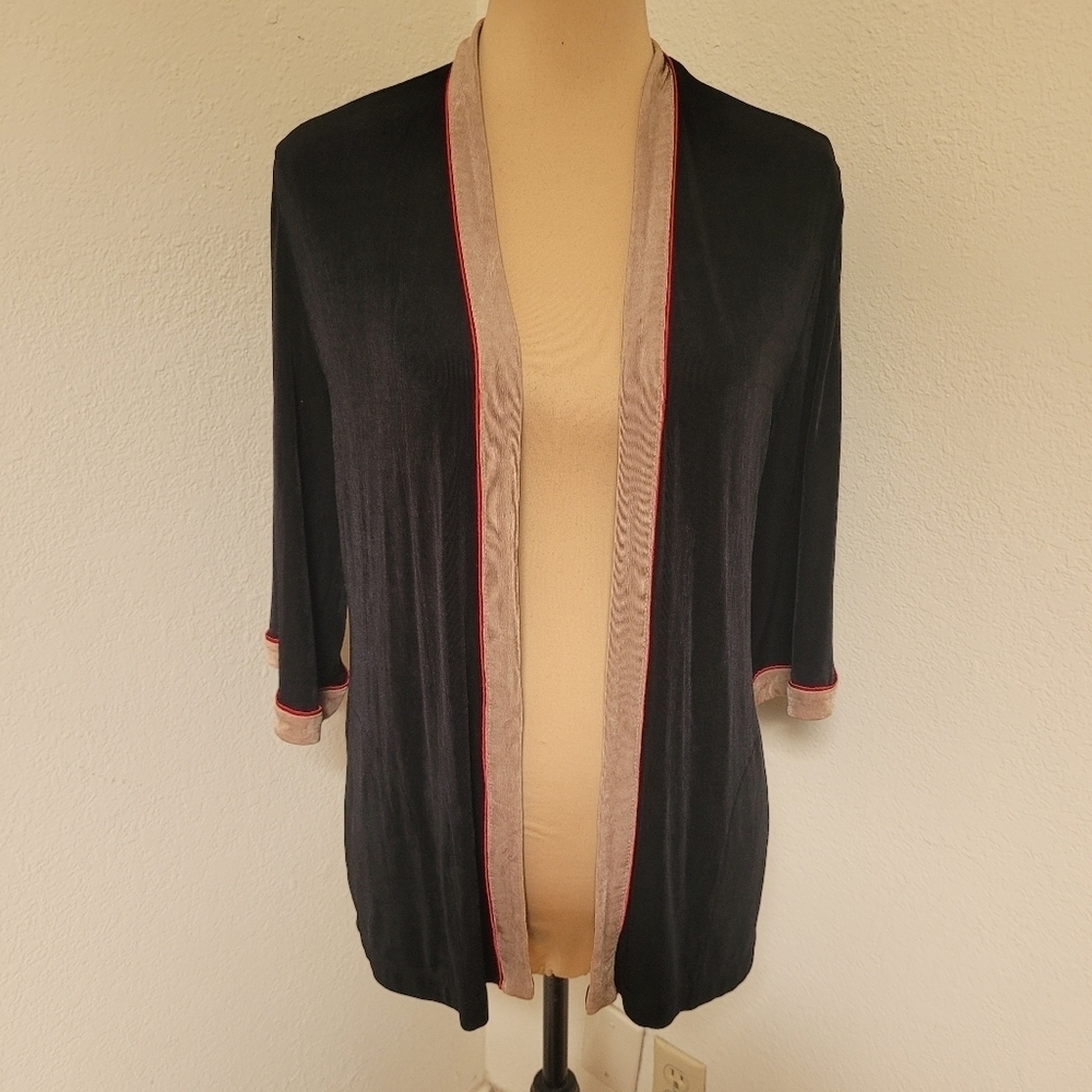 Chico's Travelers Black and Tan with Red Piping Cardigan
